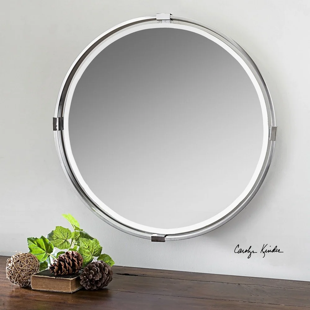Modern Round Floating Mirror in Plated Polished Nickel Finish with Refined Metal Frame 29.5 inches W X 29.5 inches H Bailey Street Home