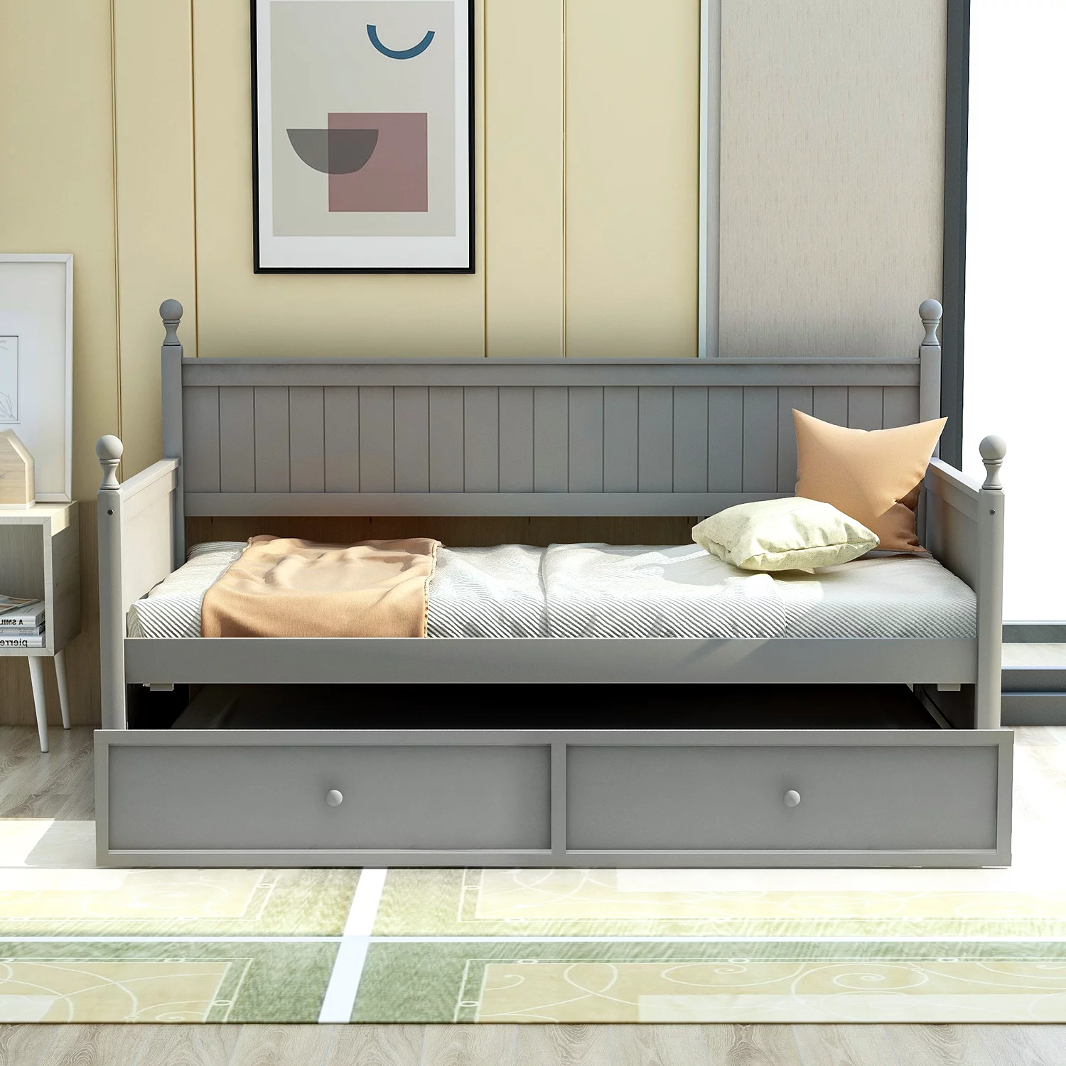 CoSoTower Twin Size Wood Daybed with Twin Size Trundle (Gray)