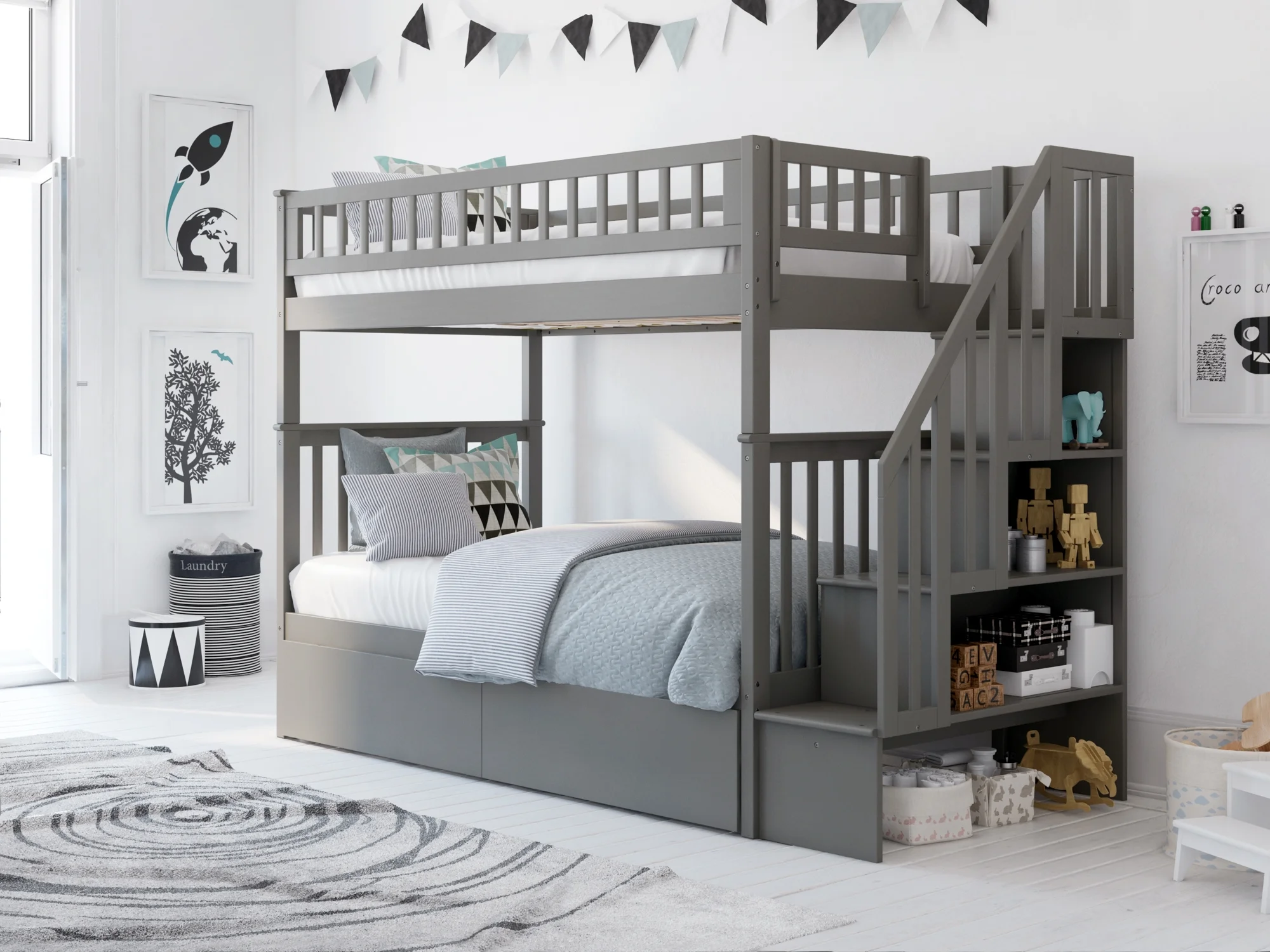 Woodland Staircase Bunk Bed Twin over Full with 2 Urban Bed Drawers in Grey