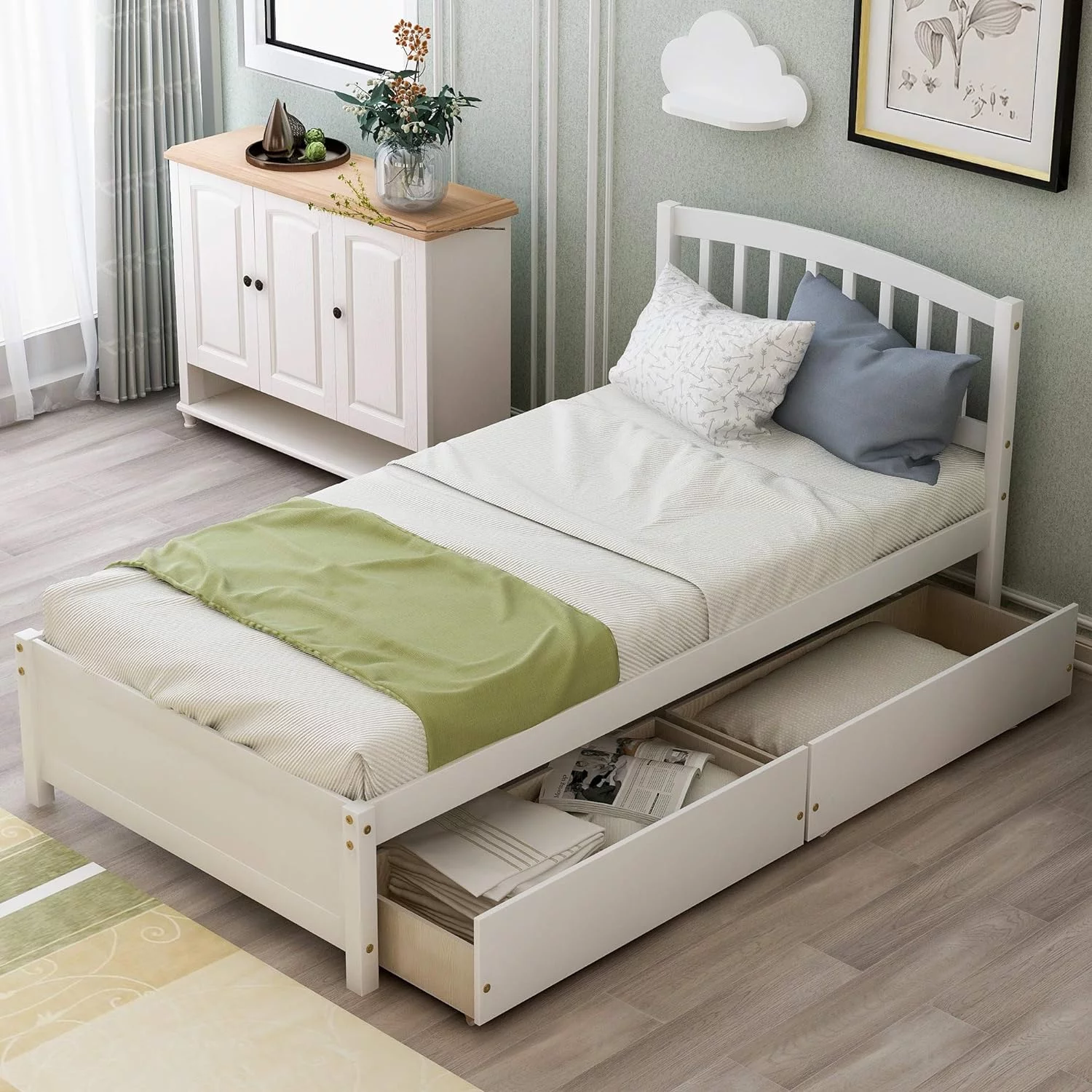 Platform Storage Bed Wood Bed Frame With Two Drawers And Headboard, White