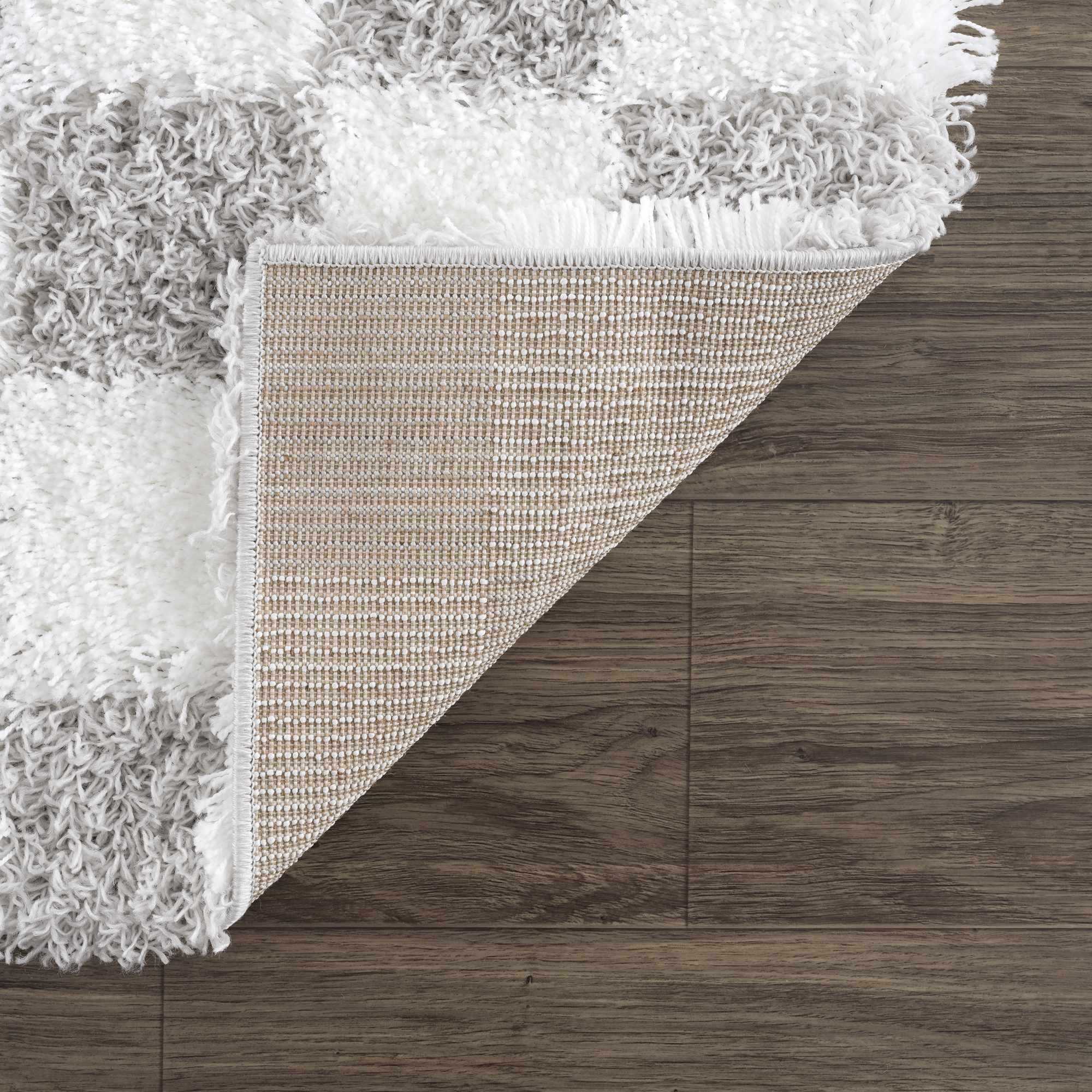 Hauteloom Atira Checkered Shag Runner Rug - Checkboard Design - High Pile Fluffy Shaggy Touch - Square Tiles - Kids Room, Hallway, Bedroom Shag - Gray, Cream, White - 2'7
