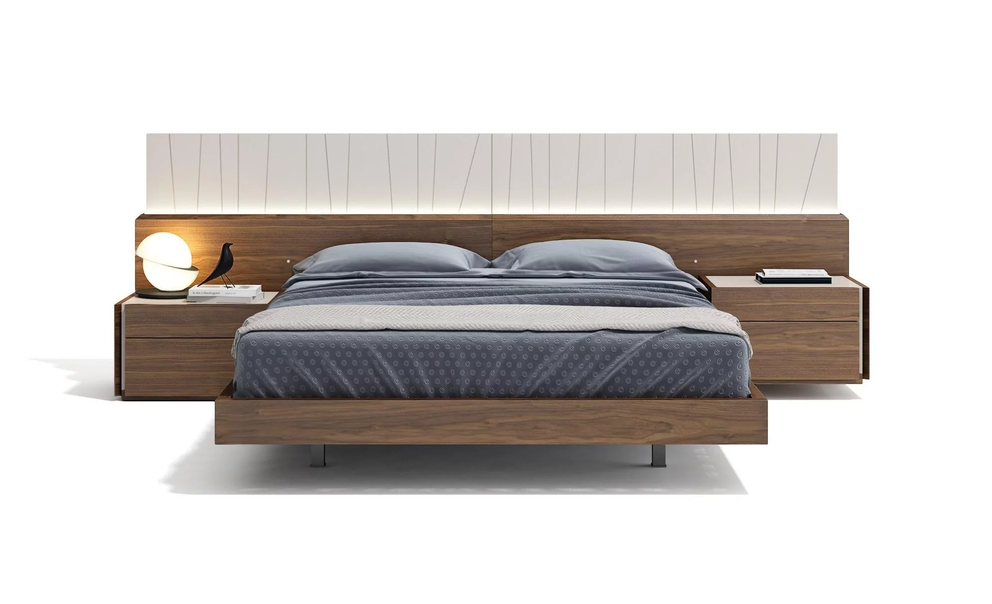 Walnut & Light Grey L.E.D Lights Queen Size Platform Bedroom Set 3Pcs J&M Porto