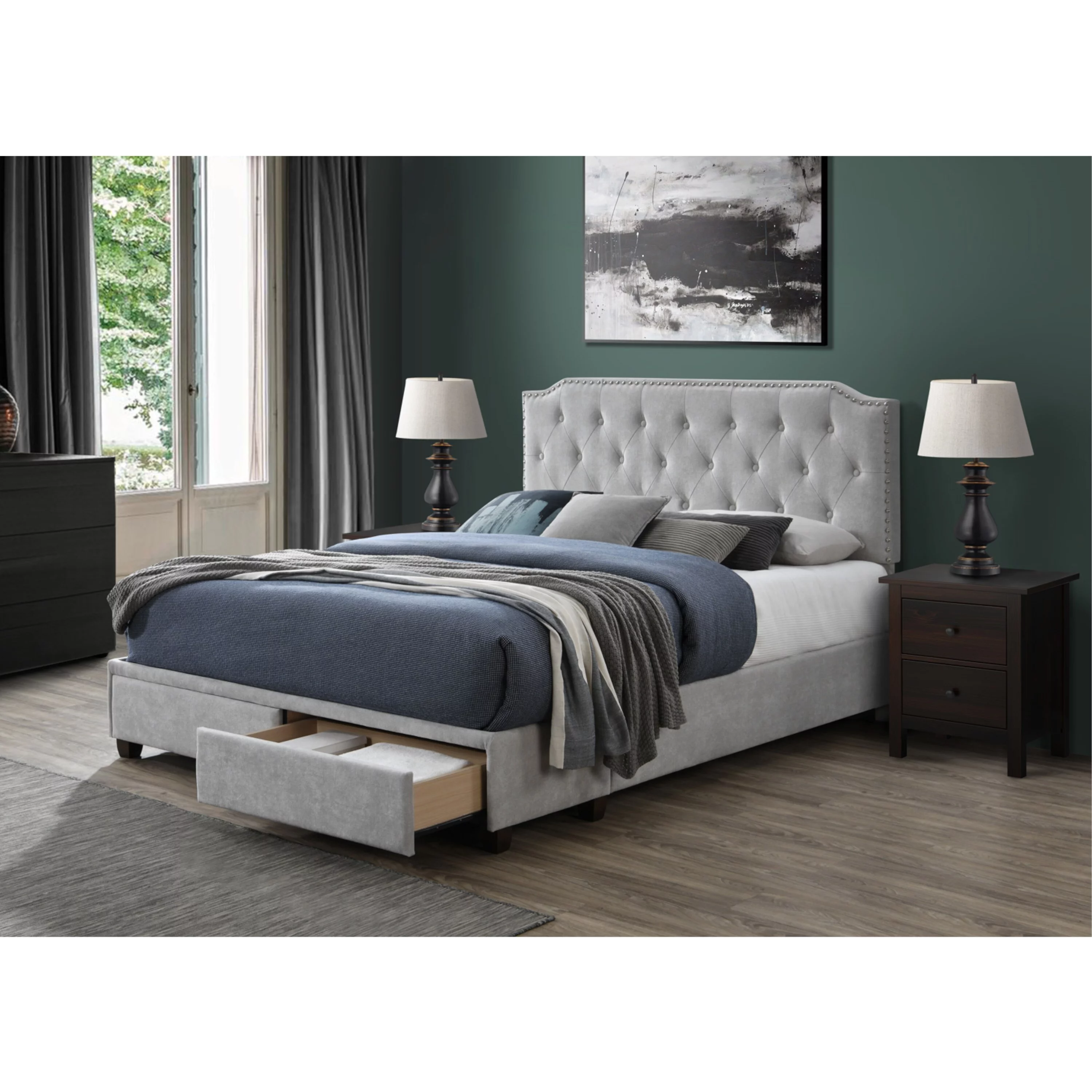 DG Casa Lawson Grey Fabric Upholstered Queen Storage Platform Bed with 2 Drawers