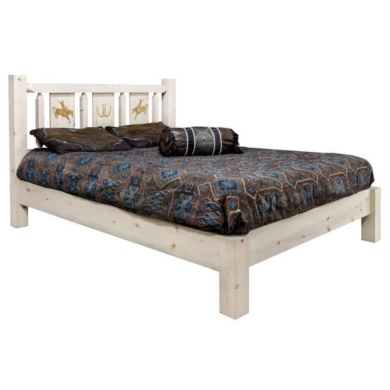 Homestead Collection Full Size Platform Bed with Laser Engraved Bronc Design, Clear Lacquer Finish