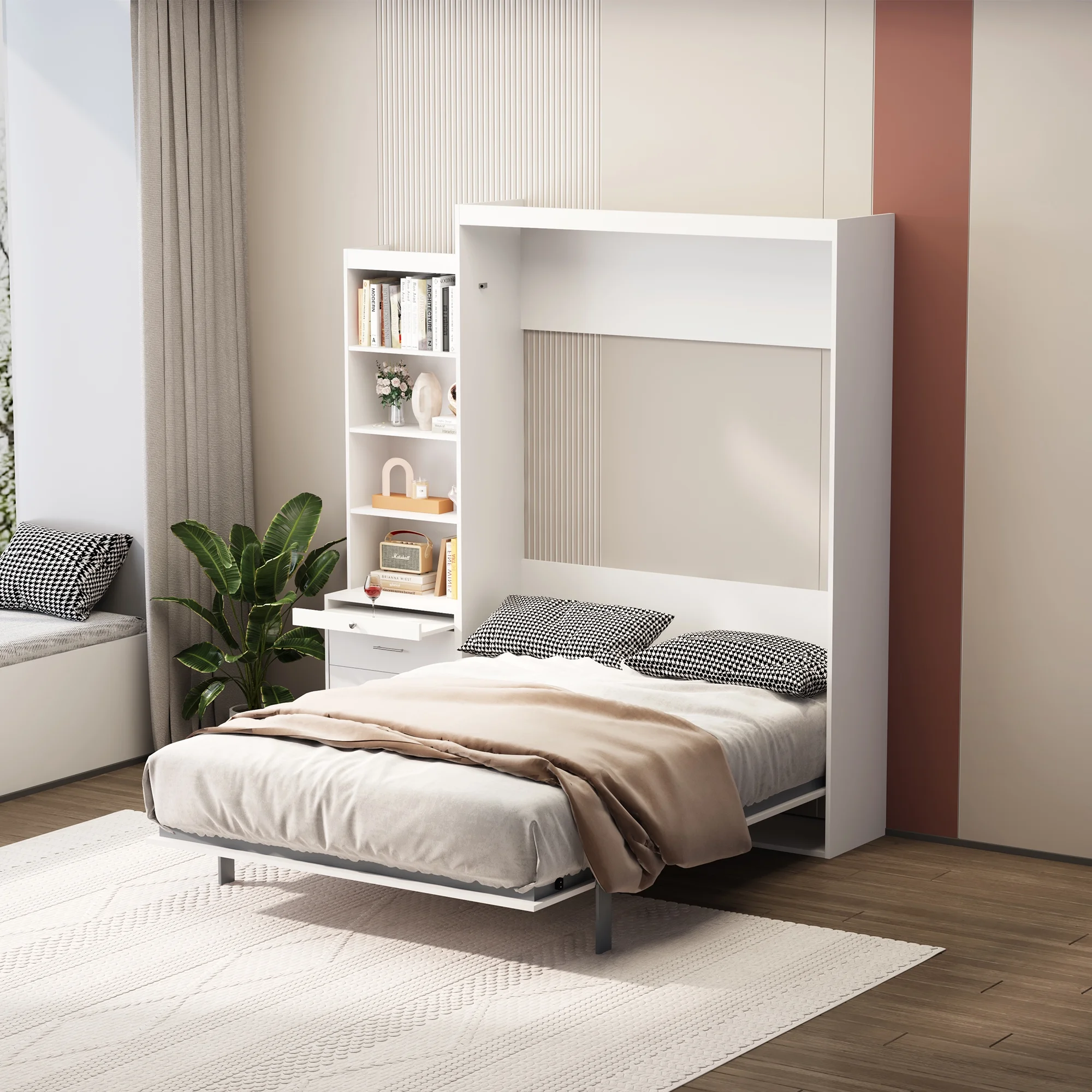 CoSoTower Morden Deisgn Full Size Vertical Murphy Bed with Shelf and Drawers for Bedroom Or Guestroom White Wall Bed Space Saving Hidden Bed with New Style Gas Struts