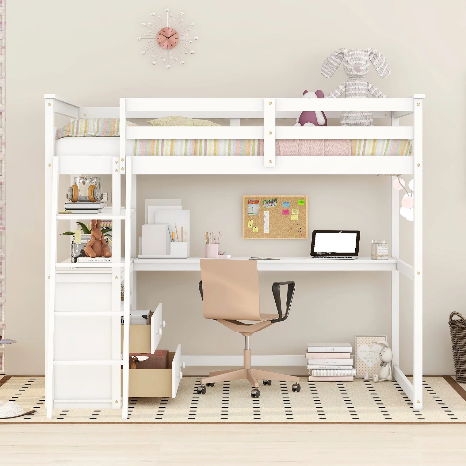 Bellemave Full Size Loft Bed with Desk and Storage, Wood Loft Bed Frame with Shelves and Built-In Drawers, High Loft Bed for Kids Teens Adults, White