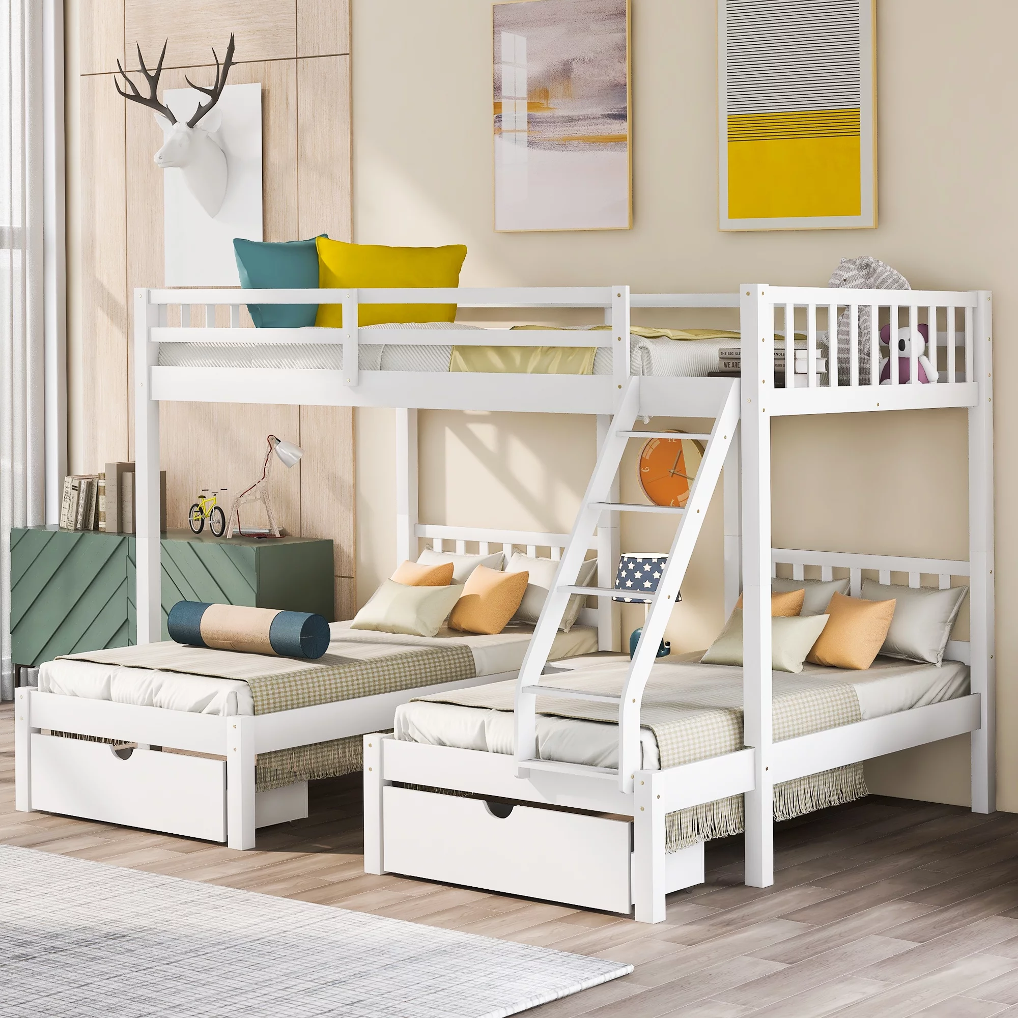 AOMBOO Triple Bunk Beds for Kids with Stairs and Storage Drawers Under Pine Wooden White