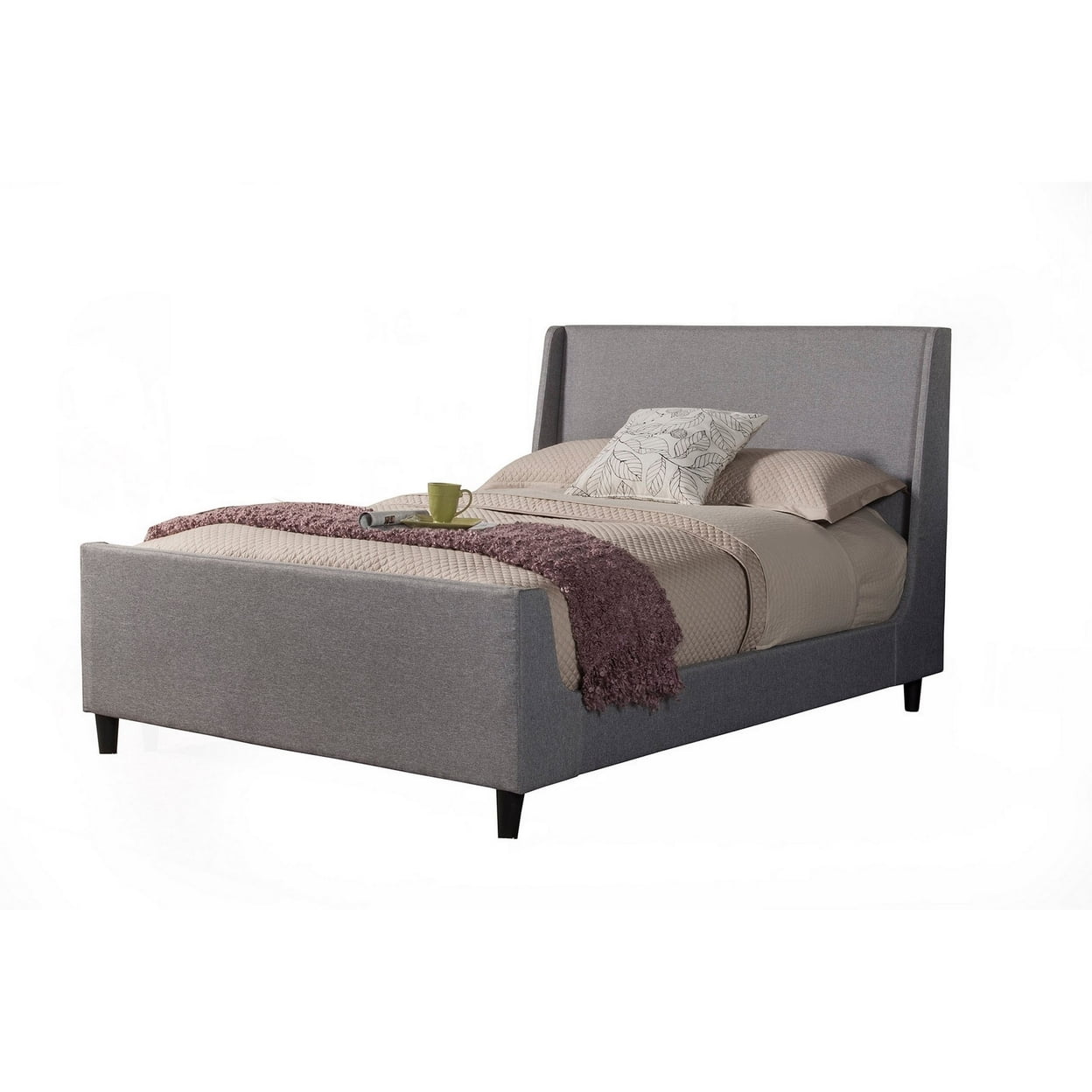 Eva Low Profile Full Size Bed, Gray Linen Upholstery, Shelter Headboard- Saltoro Sherpi