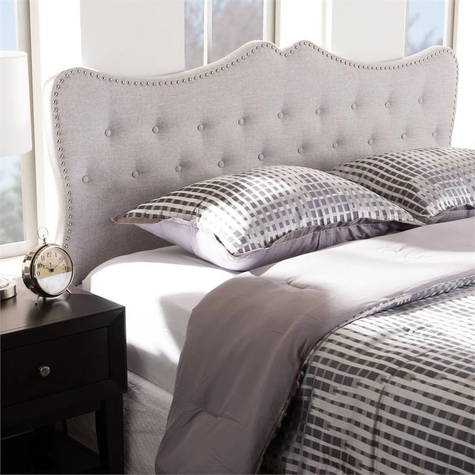 Bowery Hill Modern Tufted Queen Panel Headboard in Grayish Beige