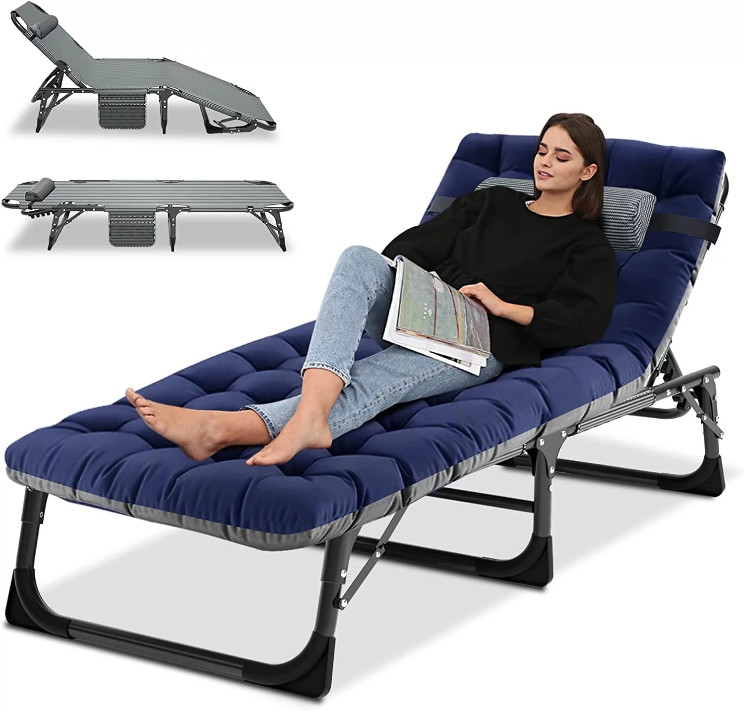 Lilypelle Camping Cot, Adjustable 4-Position Adults Reclining folding Chaise with Pillow, Outdoor portable Lounge Chair Sleeping Cots Bed, Perfect for Camping, Pool, Beach, Patio