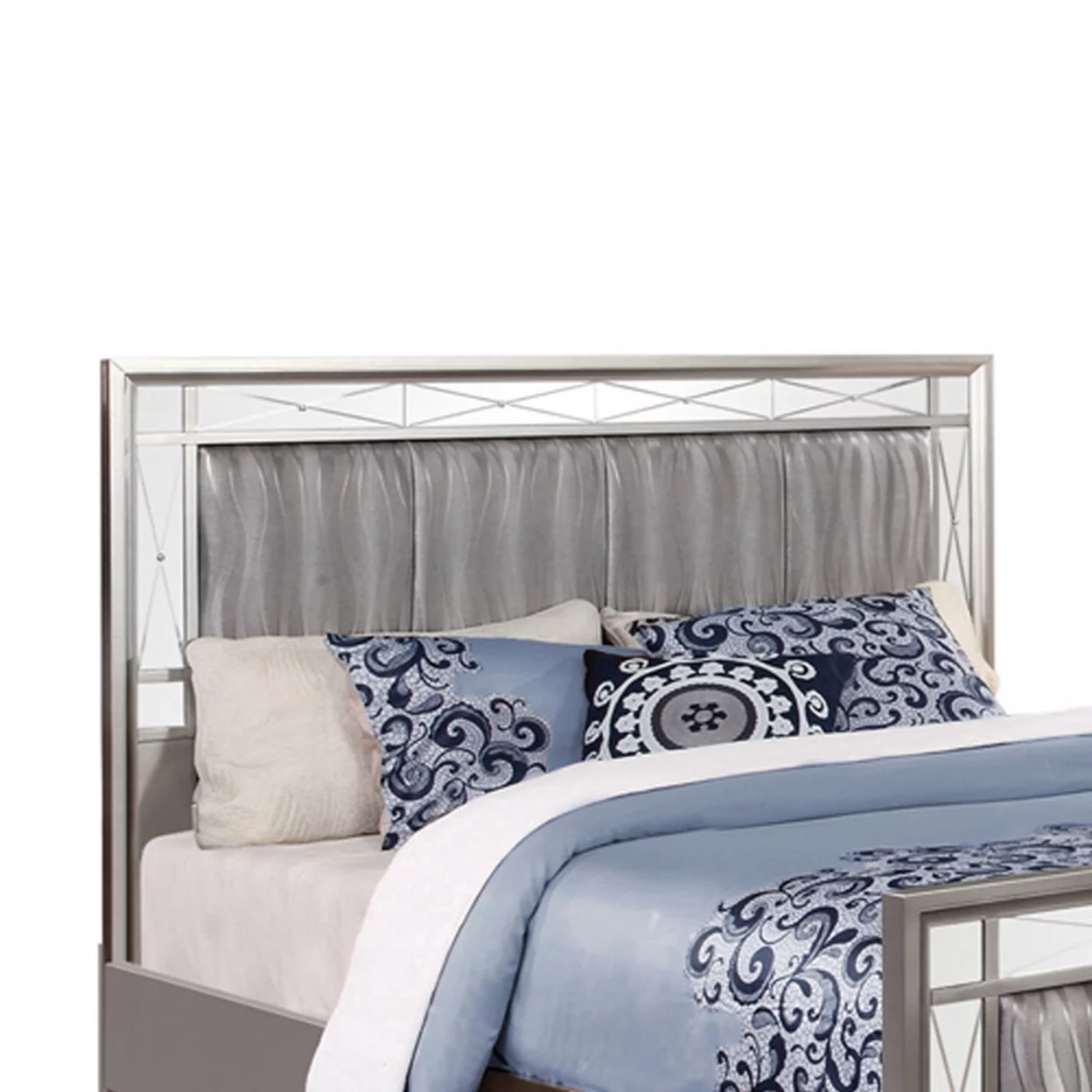 Leatherette Padded Full Size Bed with Mirror Panel Accents, Gray- Saltoro Sherpi