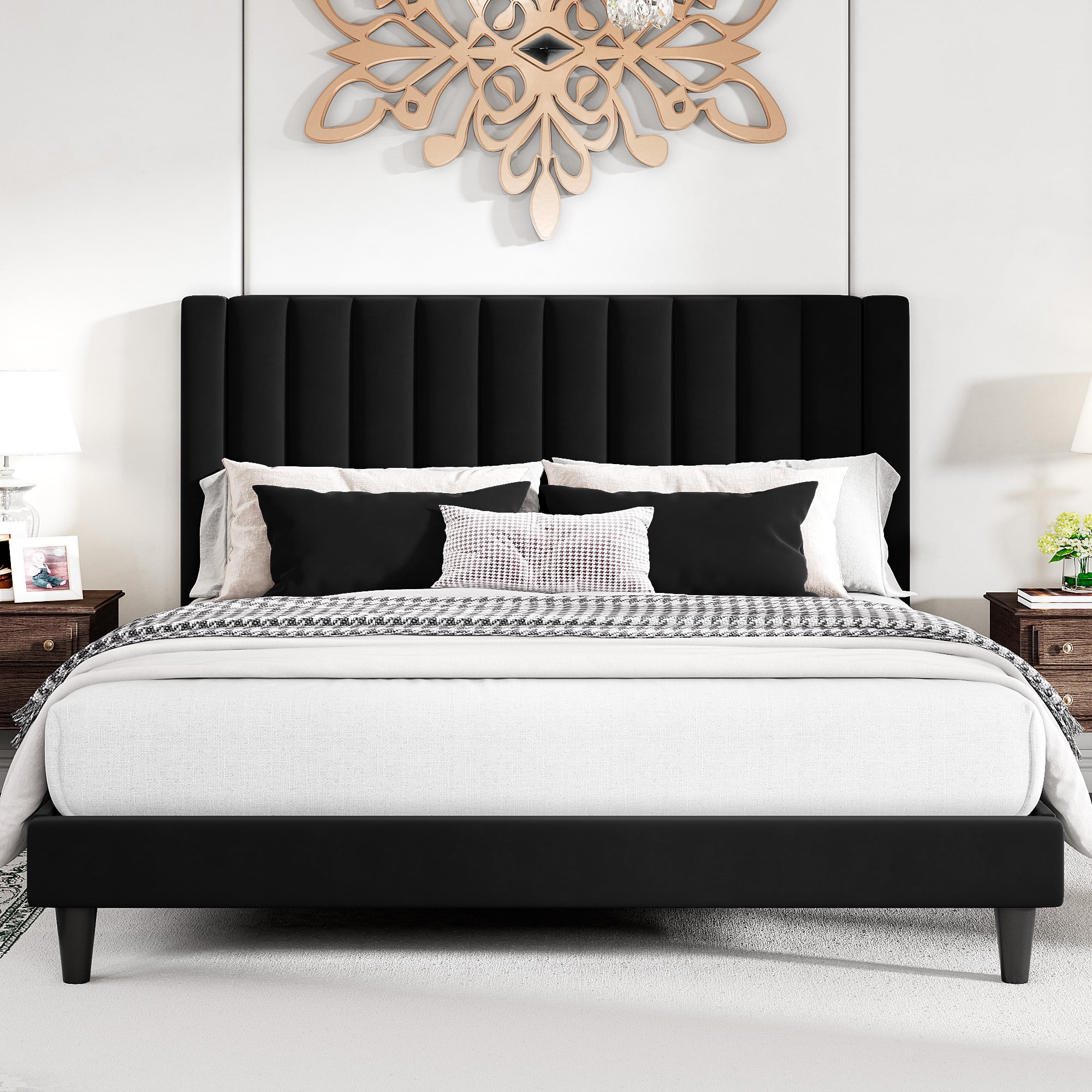 SHA CERLIN Black King Size Platform Bed Frame with Velvet Vertical Channel Headboard, Adult