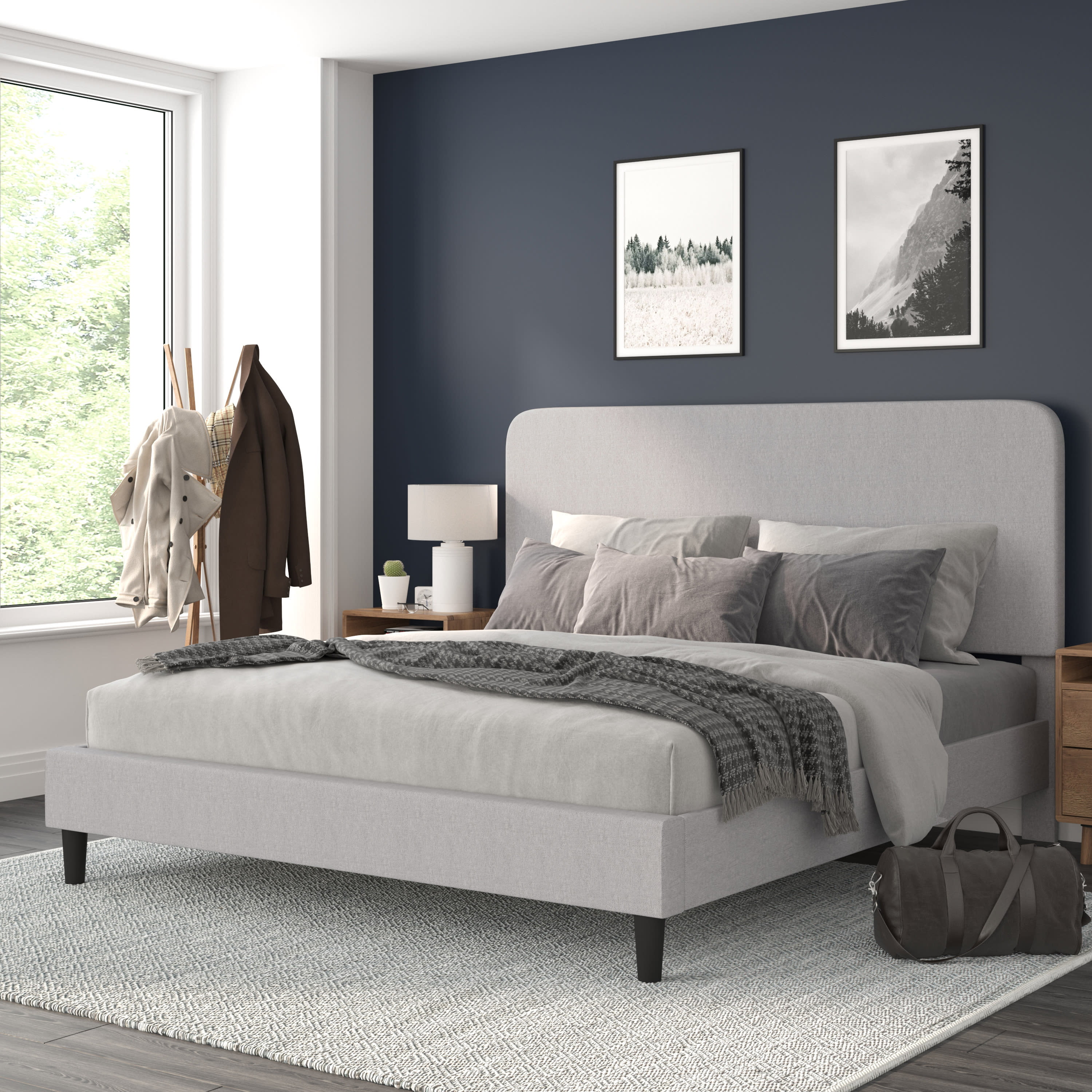Flash Furniture Addison Collection Modern Fabric Upholstered Platform Bed, Light Grey, King