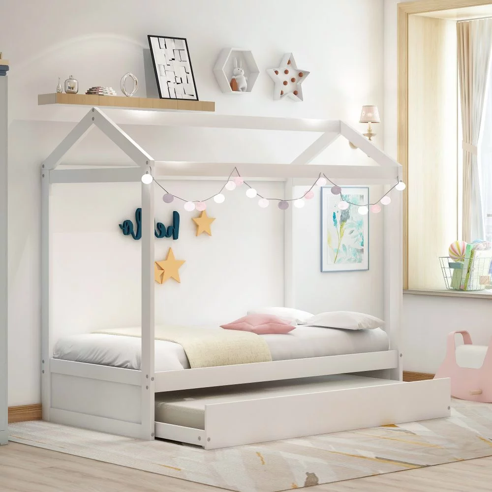 Churanty Twin Size Wooden House Bed with Trundle and Roof, Children House Bunk Bed Can Be Decorated,White