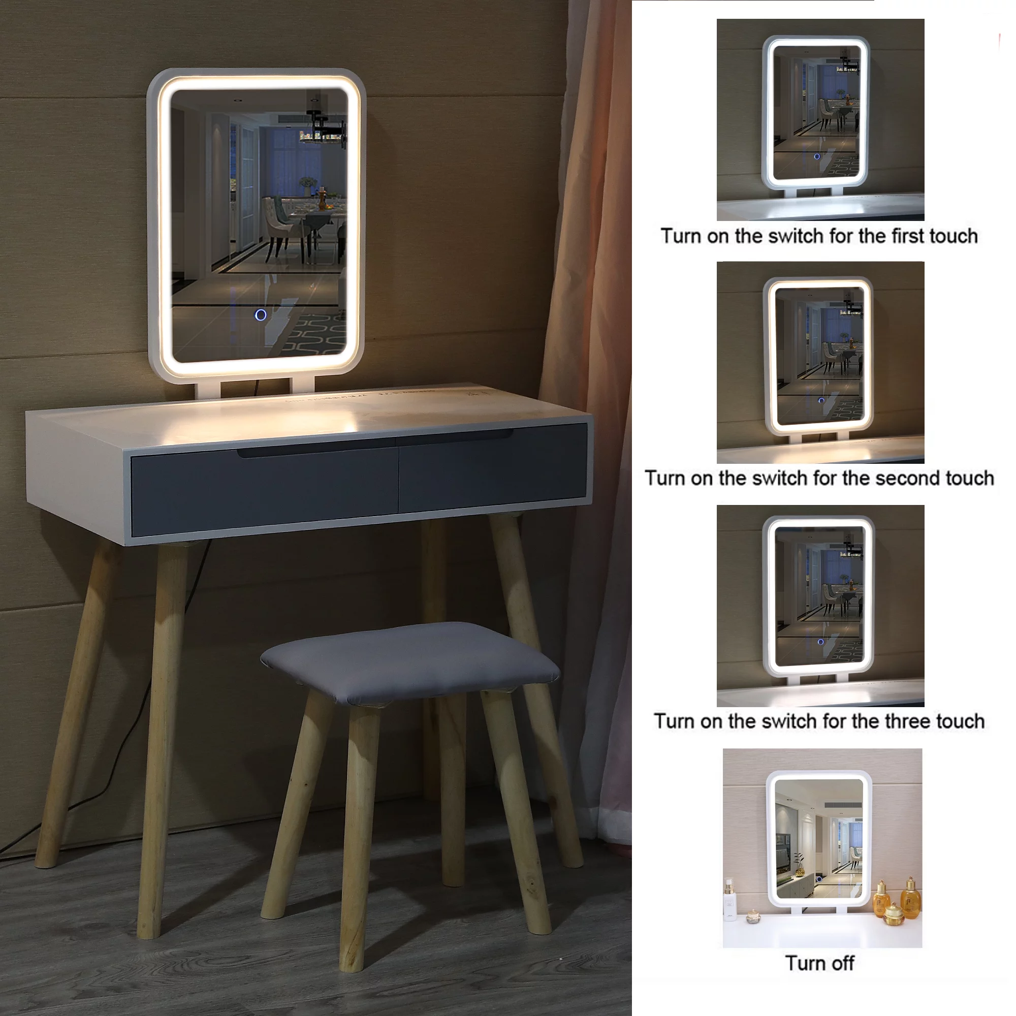 Ktaxon Vanity Set with Rectangle Lighted Mirror, Makeup Dressing Table with LED Light Cushioned Stool Set,Bedroom Vanities Set White