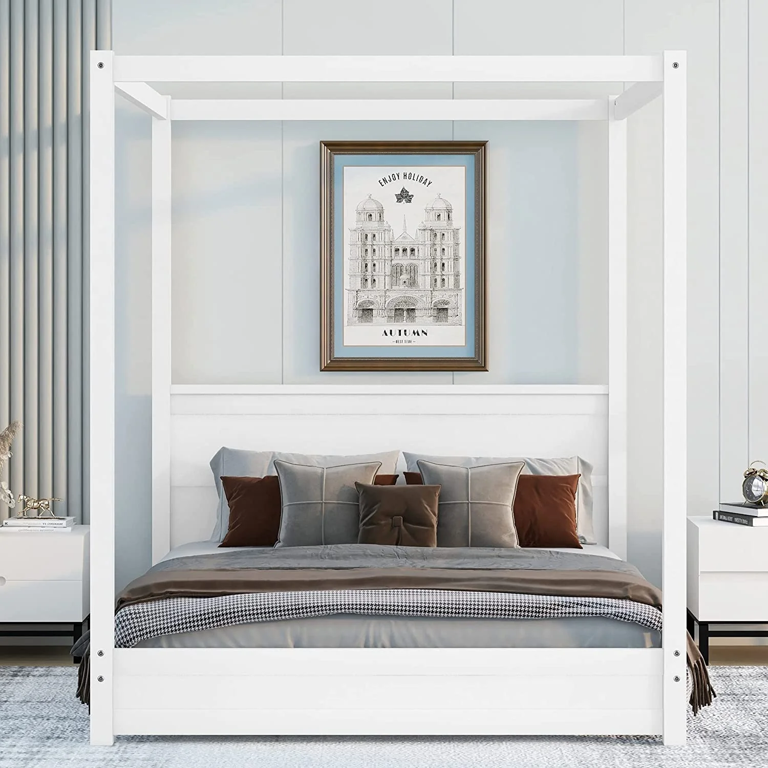Full Size Bed Frame With Headboard, Canopy Platform Bed Frame With Wood Frame And Center Legs For Bedroom