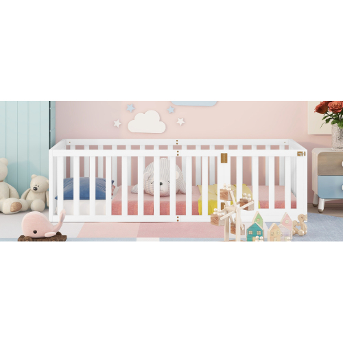 Twin Size Wood Floor Bed Frame with Fence and Door, White