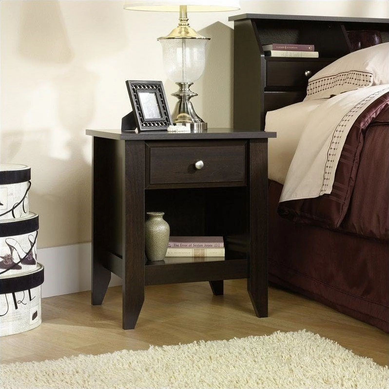 Sauder Shoal Creek Nightstand with Drawer & Storage Shelf, Jamocha Wood Finish