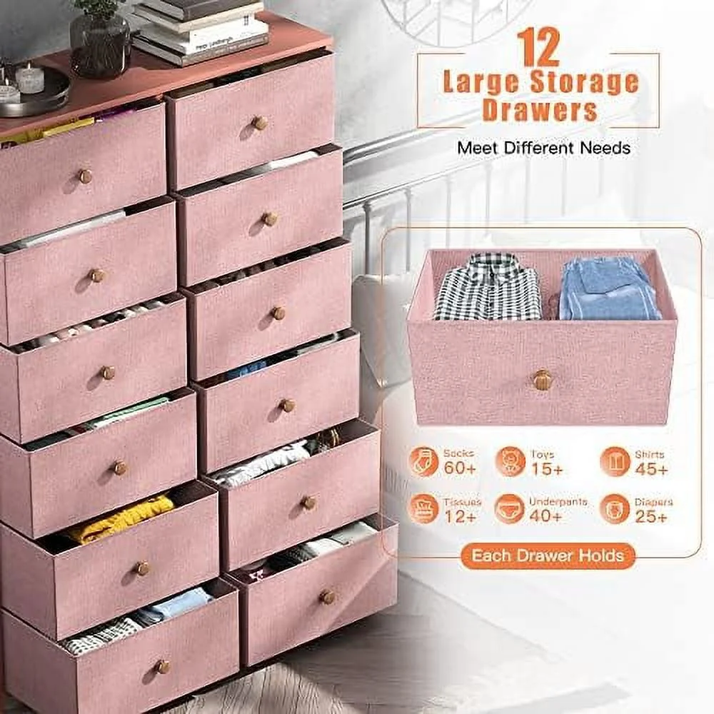 HOOMHIBIU 12 Drawer Dresser  Tall Dresser for Bedroom  Black Dresser & Chest of Drawers  Large Dressers Tall Chest of Drawer for Bedroom Closet Dresser with Wood Top and Metal Frame 3