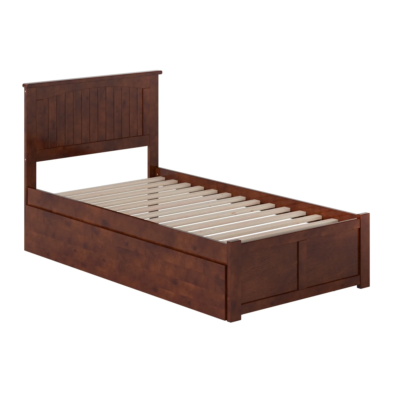 Nantucket Twin Wood Platform Bed with Footboard and Twin Trundle in Walnut