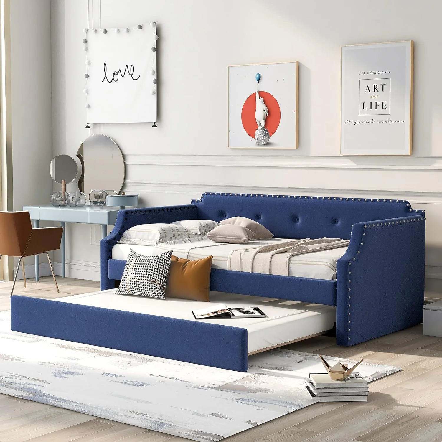 Daybed With Trundle, Upholstered Wood Daybed With Trundle, Size Trundle Daybed Sofa Bed For Bedroom Living Room,No Box Spring Needed,Blue