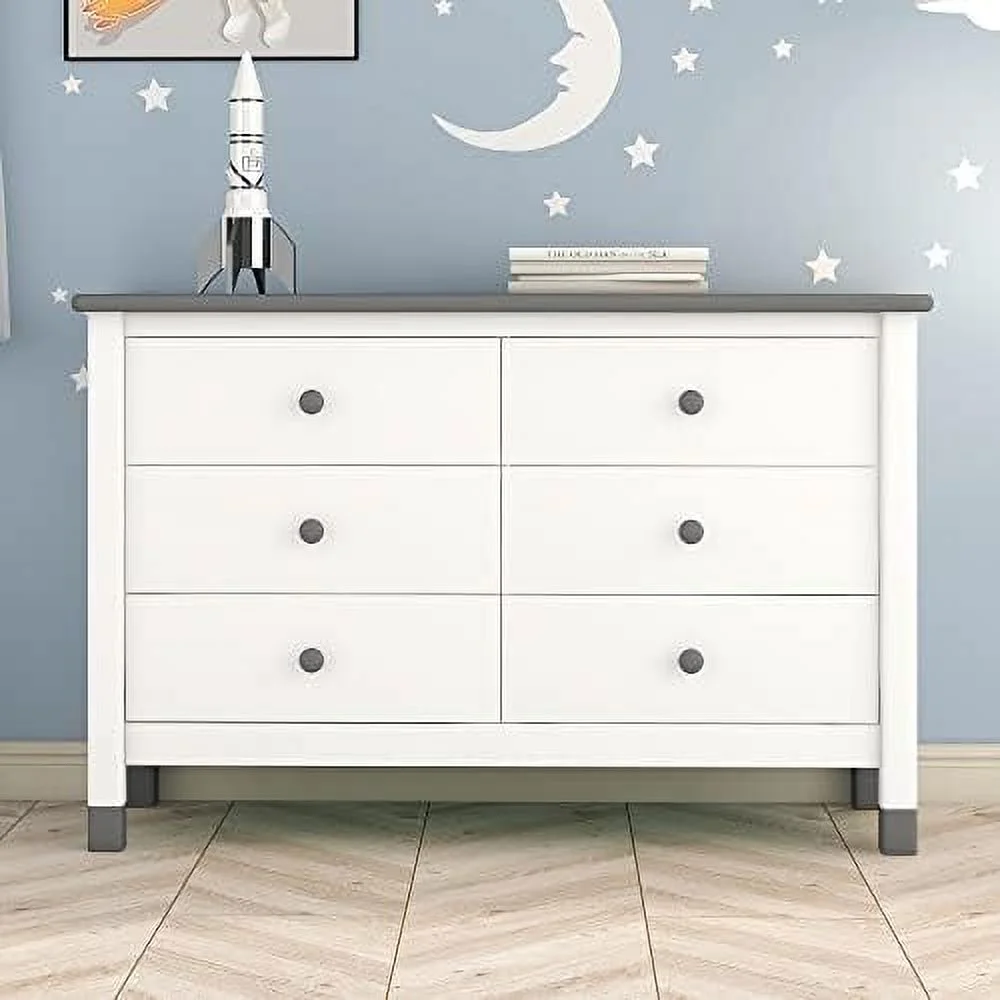 NLIBOOMLife Harper & Bright Designs Wooden 6 Drawers Dresser  Modern  Cabinet with 6 Drawers  Cute Chest of Drawers with Round Handles for Girls Boys ' Room Bedroom Hallway  Entry