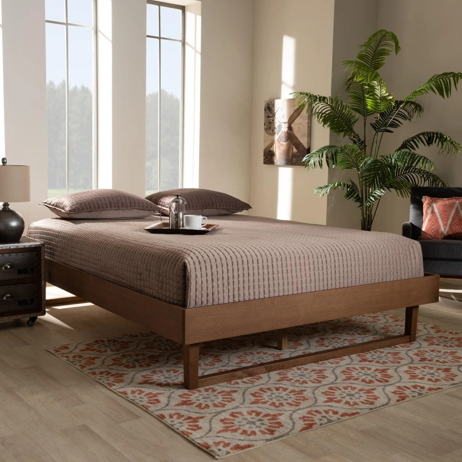 Liliya -Century Modern Walnut Brown Finished Wood King Size Platform Bed Frame