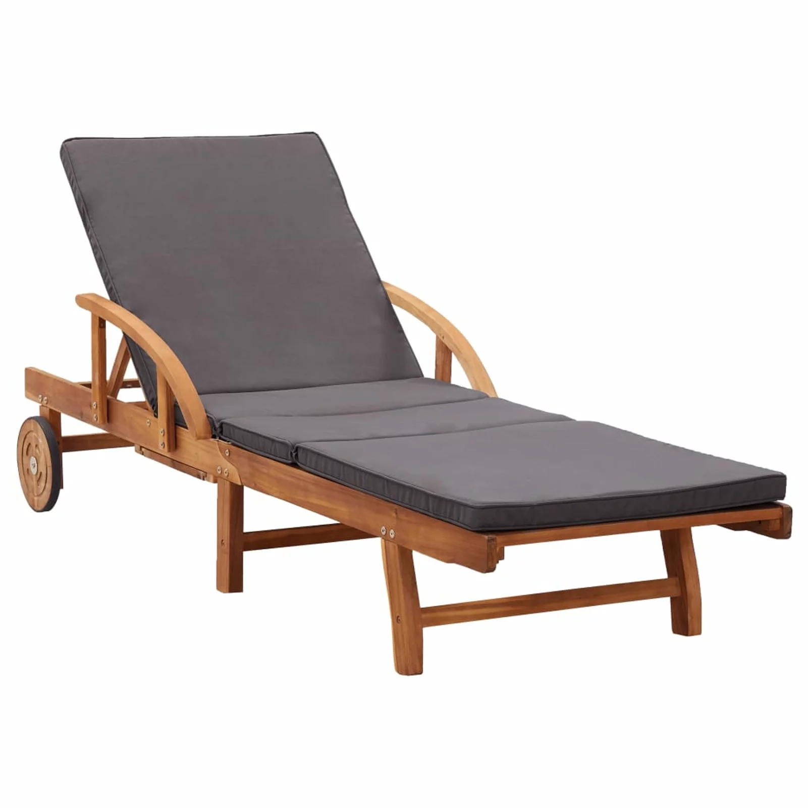 Dcenta Outdoor Sun Lounger Backrest Adjustable Chaise Lounge Chair with Wheels and Cushion Acacia Wood Recliner Chair Sunlounger for Poolside, Patio, Deck, Backyard, Balcony, Garden Furniture