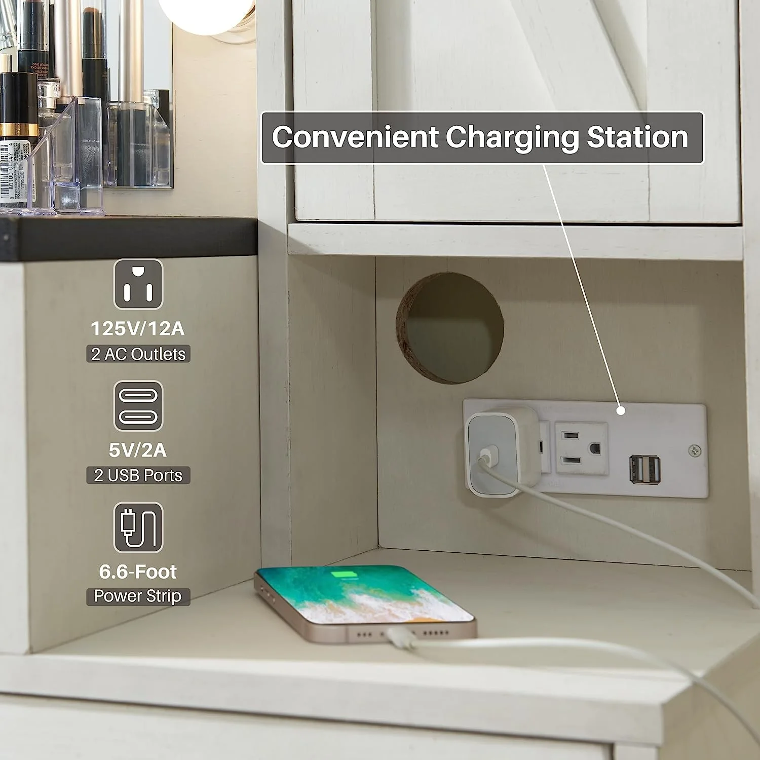 T4TREAM Farmhouse White Dressing Table Vanity Table and Stool Set Wood Makeup Desk with Charging Station, 5 Drawers Storage & Lighted Mirror