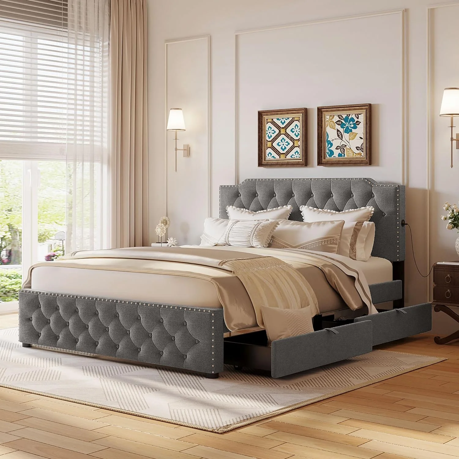 Quee Upholsered Plaform Bed Wih 2 Drawers Ad USB Pors O Each Side, Quee Bed Frame Wih Sorage For Bedroom, Lie Fabric,o Box Sprig Required,Grey