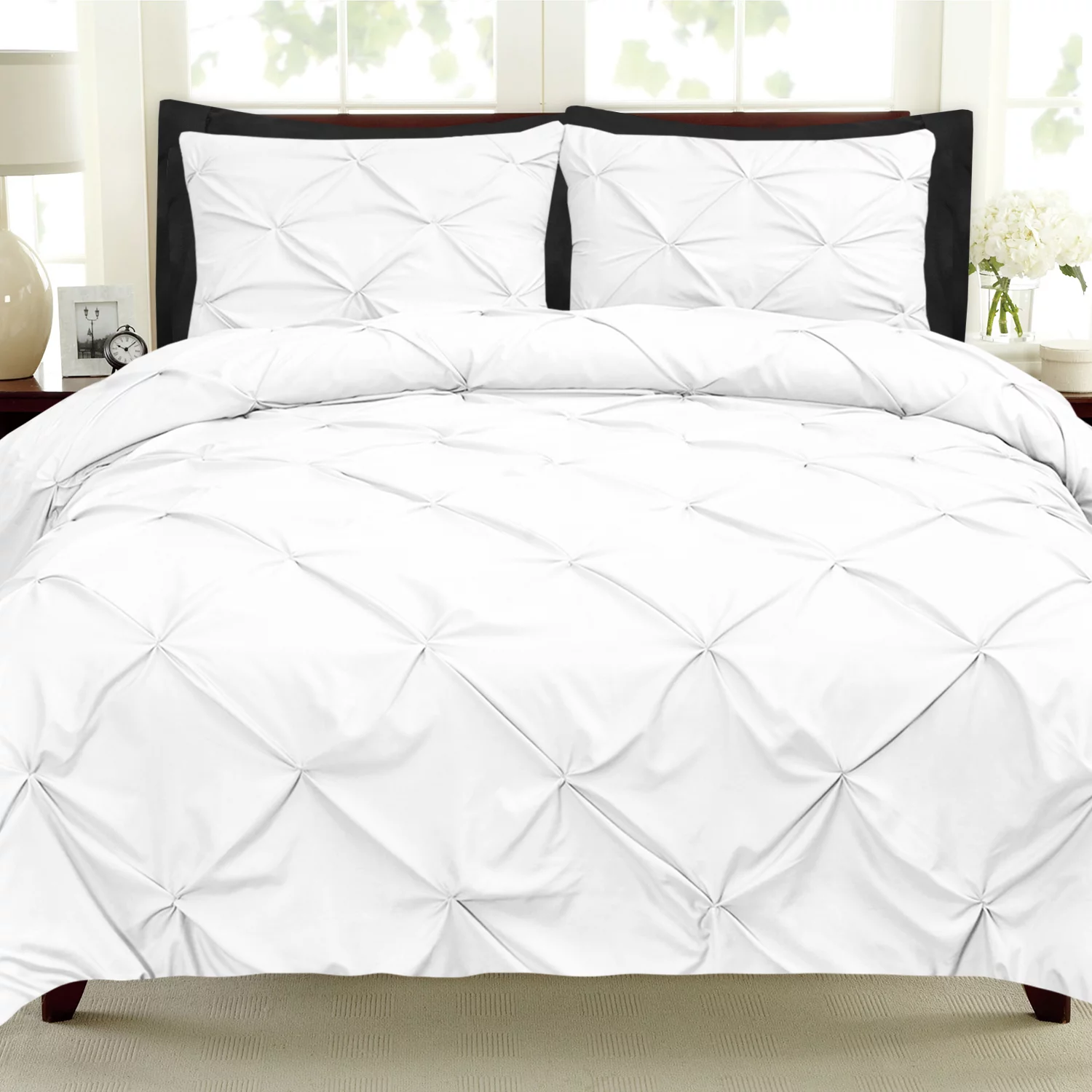 9 Piece Pinch Pleat Pintuck White Comforter Bed-in-a-Bag Set with Sheets