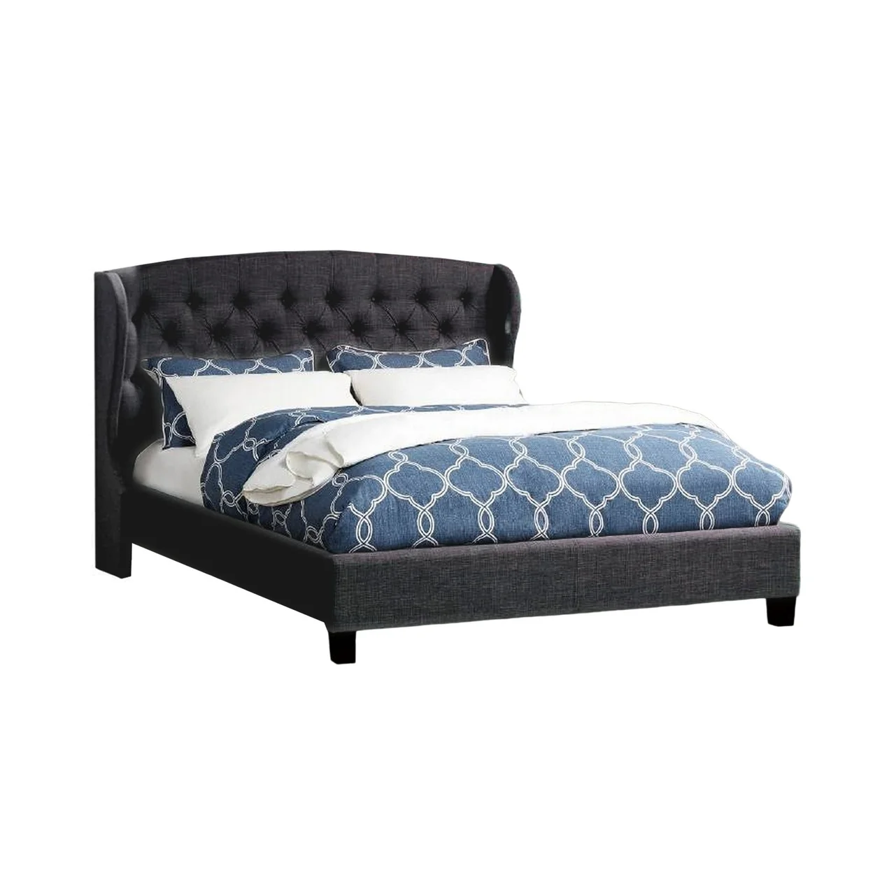 Jimi Queen Bed Button Tufted Charcoal Gray Polyester Upholstered Headboard- Saltoro Sherpi