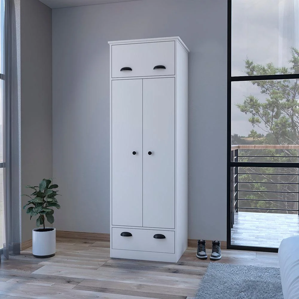 We Have Furniture Armoire with Two-Doors Dumas, Top Hinged Drawer and 1-Drawer, White Finish