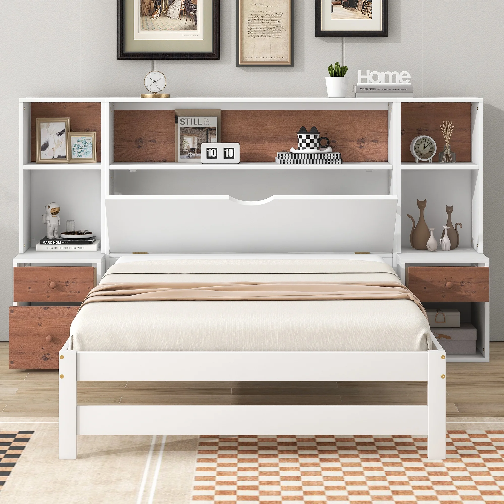 Euroco Wood Twin Size Platform Bed with Storage Shelf, Cabinet and Drawers for Kids Bedroom, White