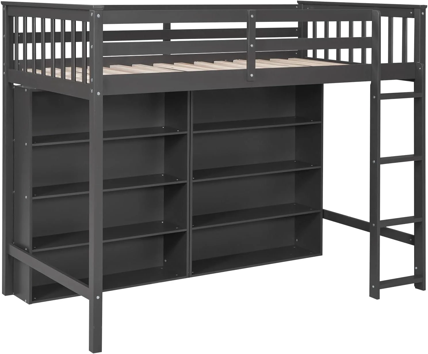 Multifunctional Design Twin Size Loft Bed with Open Storage Shelves,Solid Pinewood Bedframe with Built-in Ladder and Guardrail,for Kids Teens Bedroom Dorm (Gary)