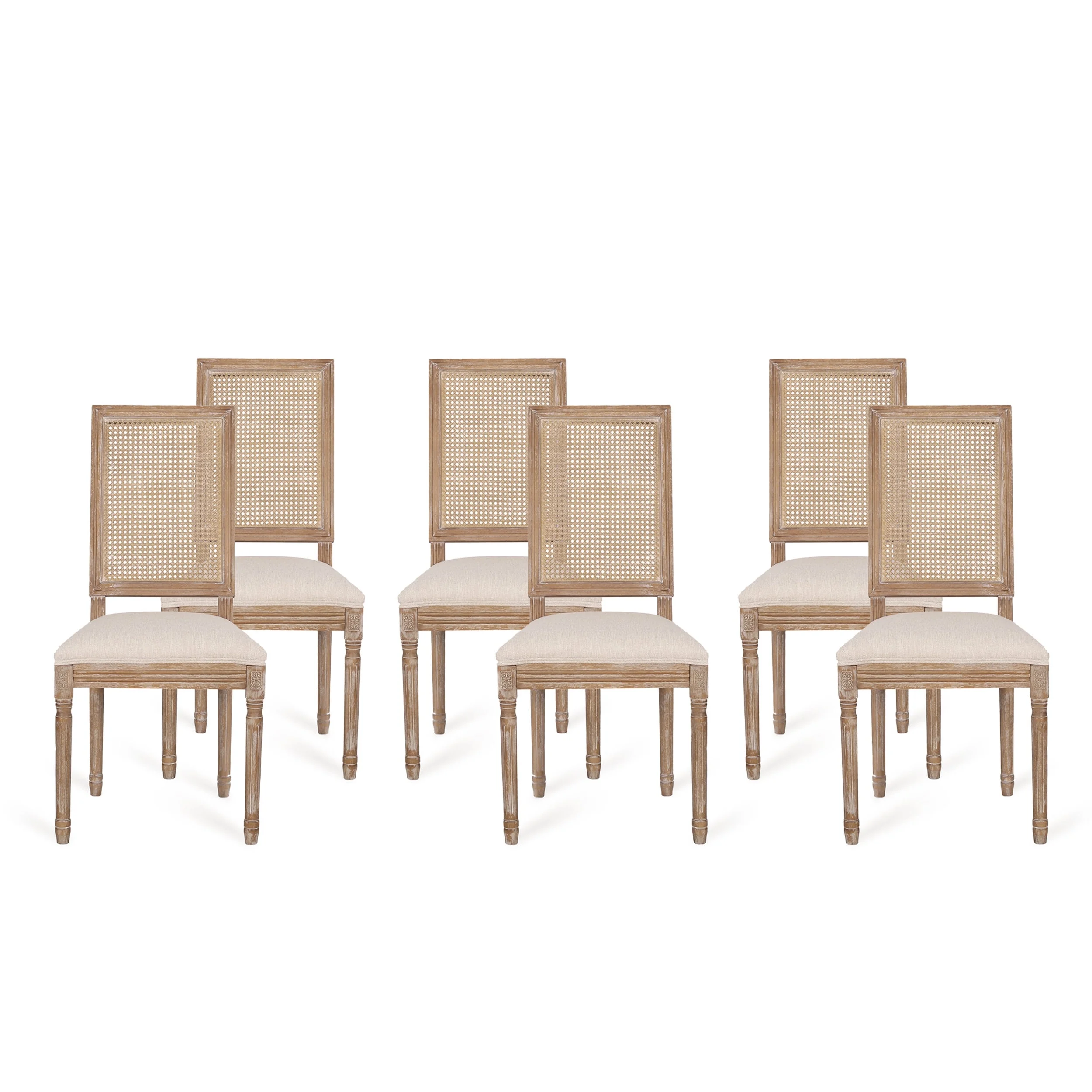 GDF Studio Brownell French Country Wood and Cane Upholstered Dining Chairs, Set of 6, Beige and Natural