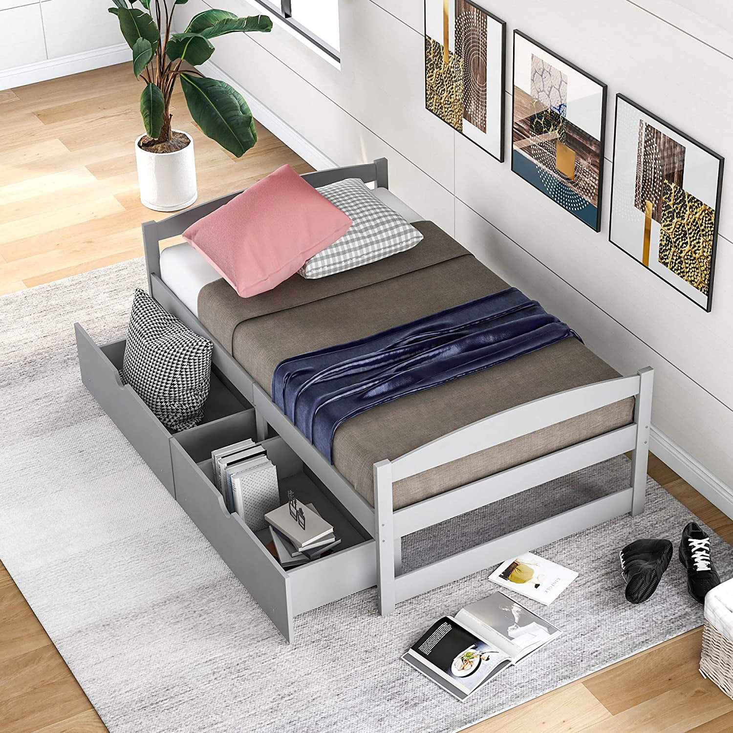 WAGEE Classic Solid Wood Day Bed with Storage Drawers Platform Bed for Living Room Beedroom Twin Grey