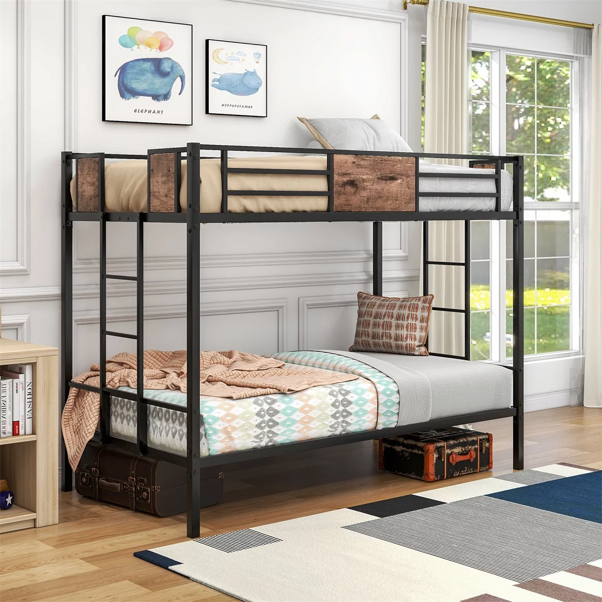 Twin Over Twin Bunk Bed, Metal Bunk Bed with Ladder and Full-Length Guardrail, Metal Bunk Bed, Storage Space, No Box Spring Needed, Noise Free, Black