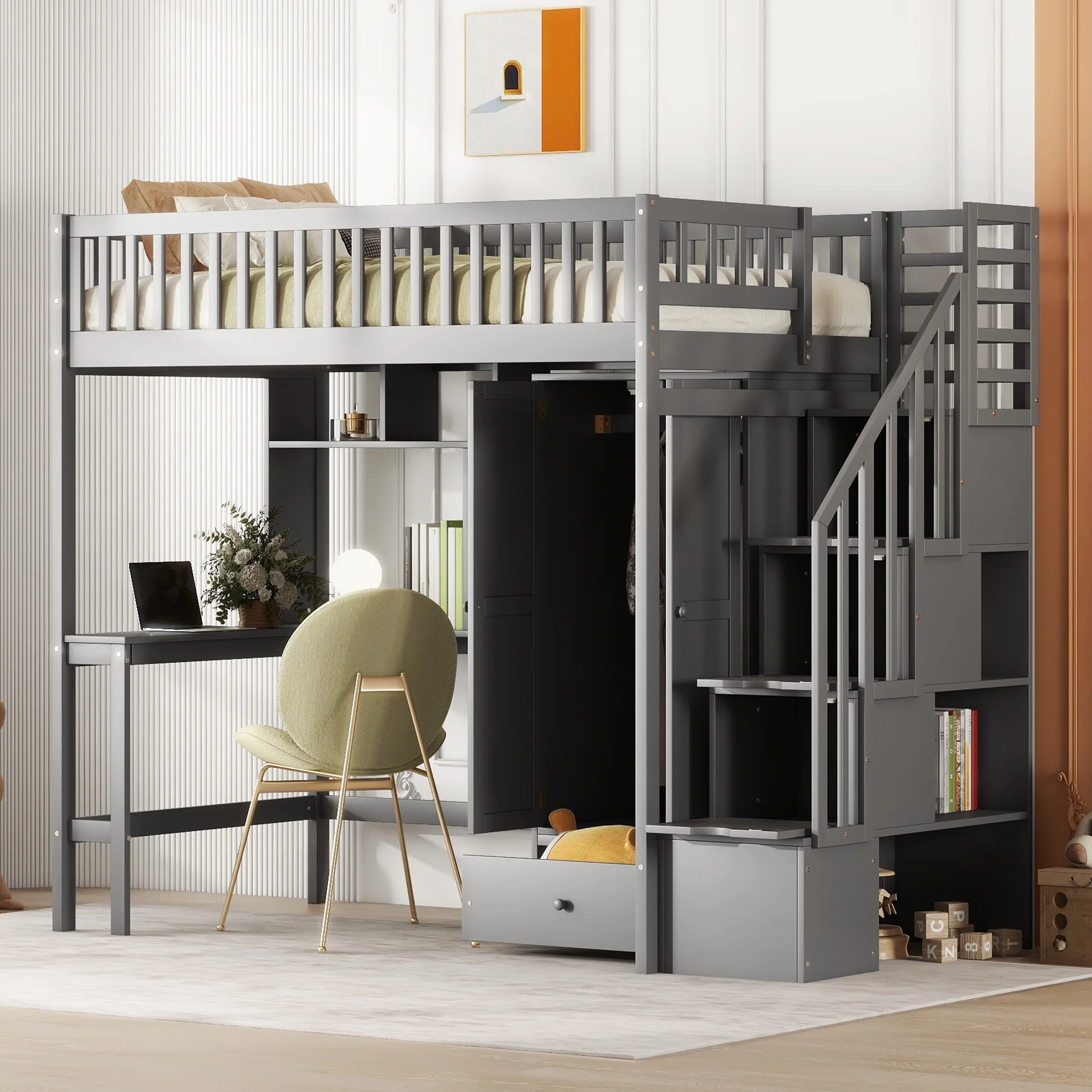 CoSoTower Twin Size Loft Bed with Bookshelf,Drawers,Desk,And Wardrobe-Gray