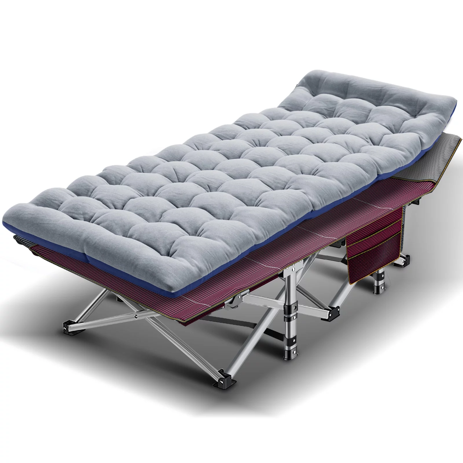 Lilypelle Adult Folding Camping Cot, Heavy Duty Sleeping Cot Bed with 4D Pillow, 2 Sided Pearl Cotton Mattress,Burgundy