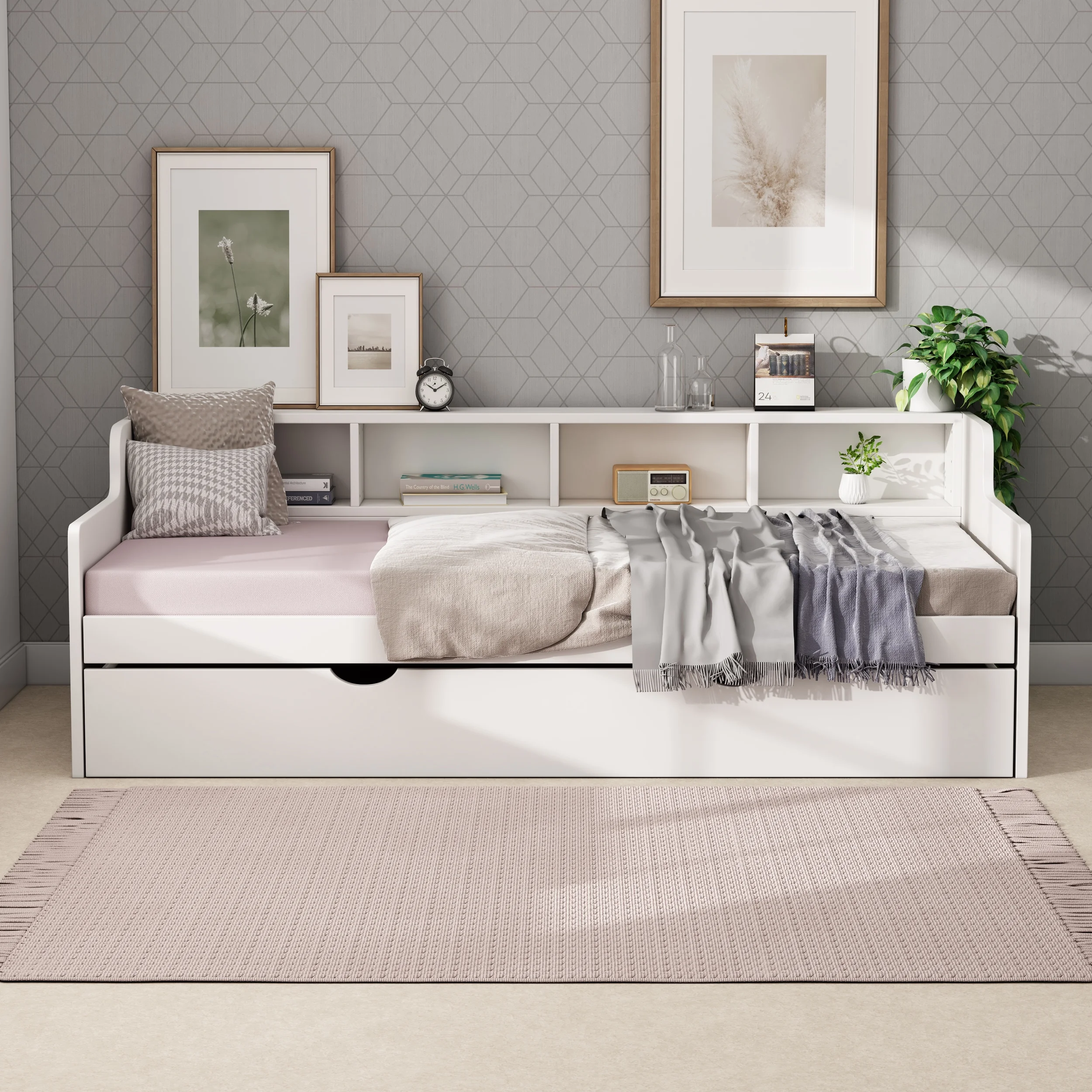 CoSoTower Twin Size Wooden Day Bed with Trundle for Guest Room, Small Bedroom, Study Room, White