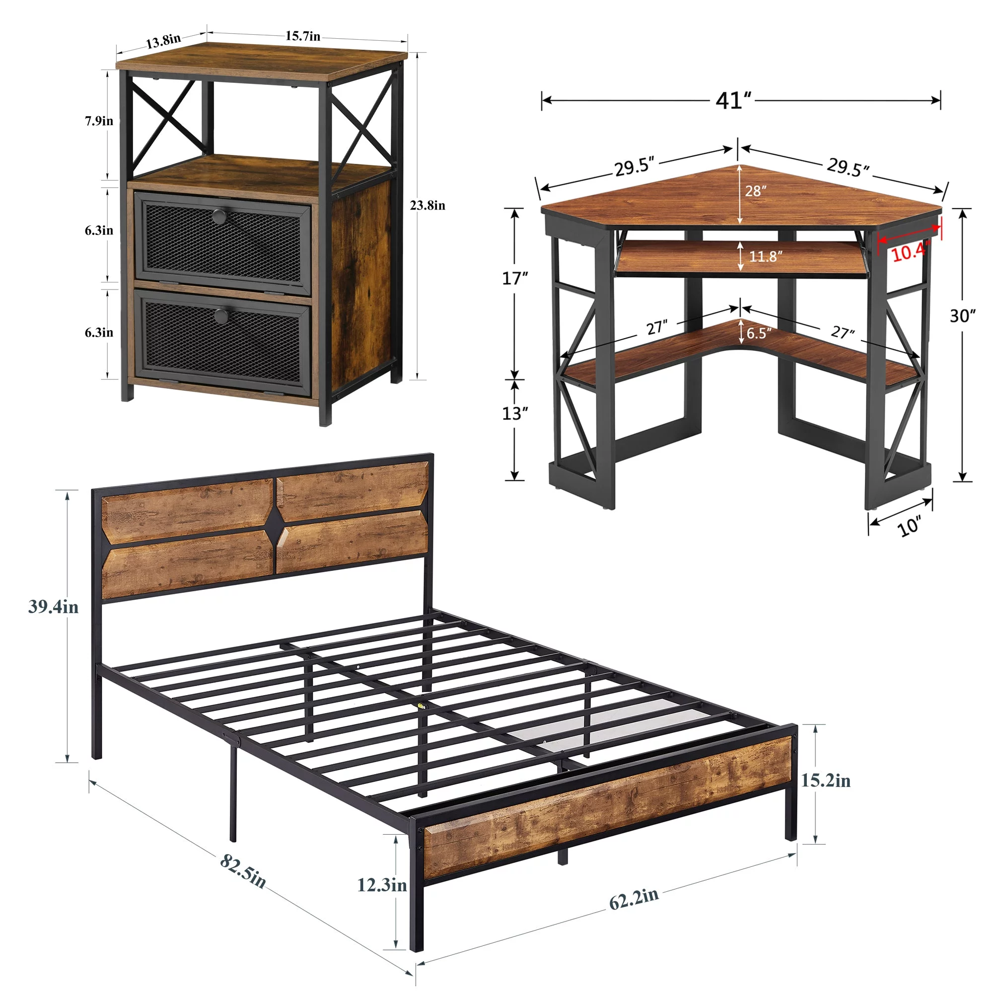 VECELO 4-Piece Bedroom Set with Queen Bed Frame Nightstands amd Desk, Brown