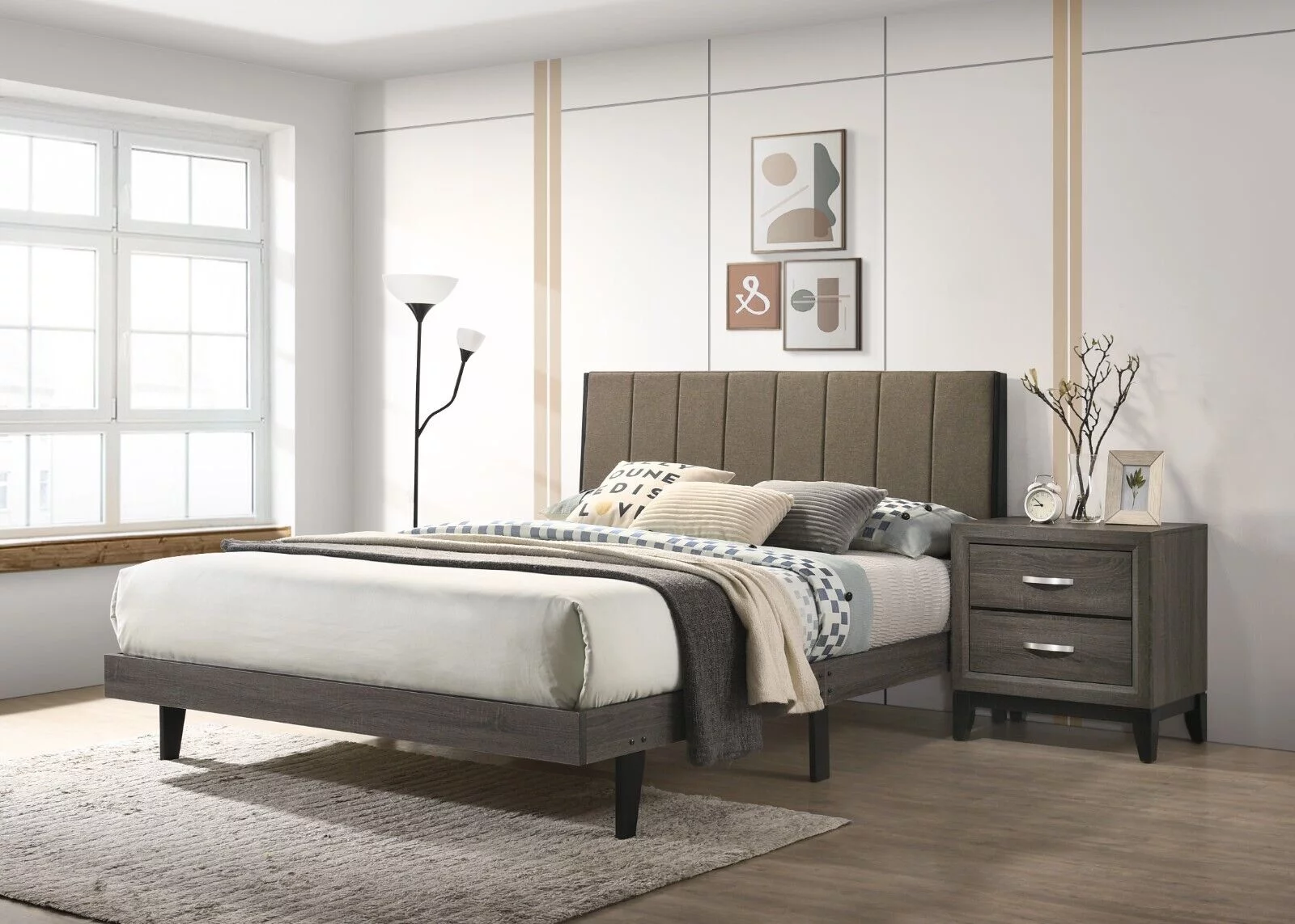 Modern Style 3pc Bedroom Set Queen Size Bed Upholstered Headboard 2x Nightstands