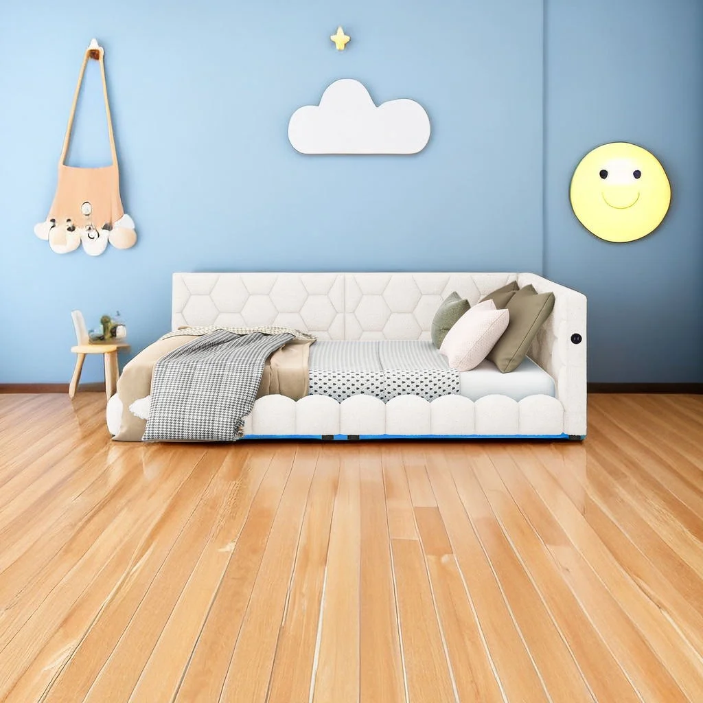 Upholstered Full Size Platform Bed with USB Ports and LED Belt,Wood Teddy Fabric Corner Daybed Frame for Livingroom,Bedroom