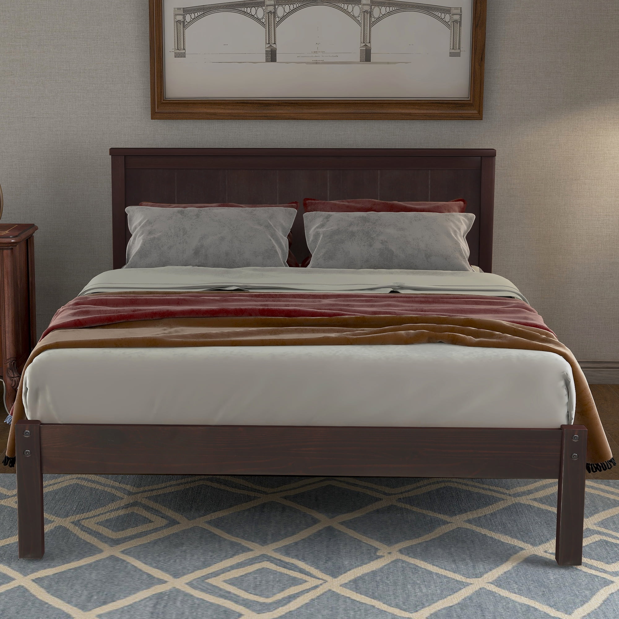 Euroco Wood Twin Size Platform Bed with Headboard and Footboard for Kids, Espresso