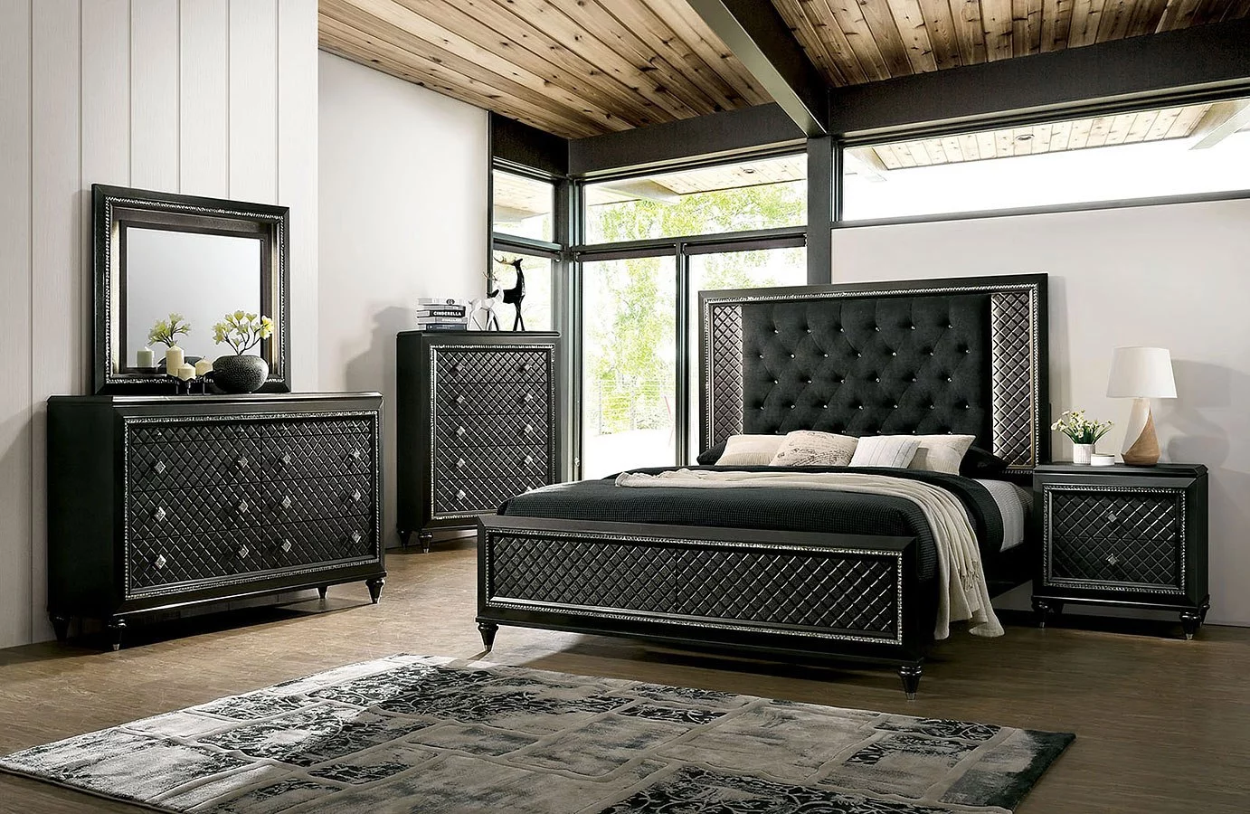 Bedroom Furniture 3pc Set Eastern King Size Bed 2x Nightstands Metallic Gray Solid wood Black Fabric Tufted HB Texture Frame