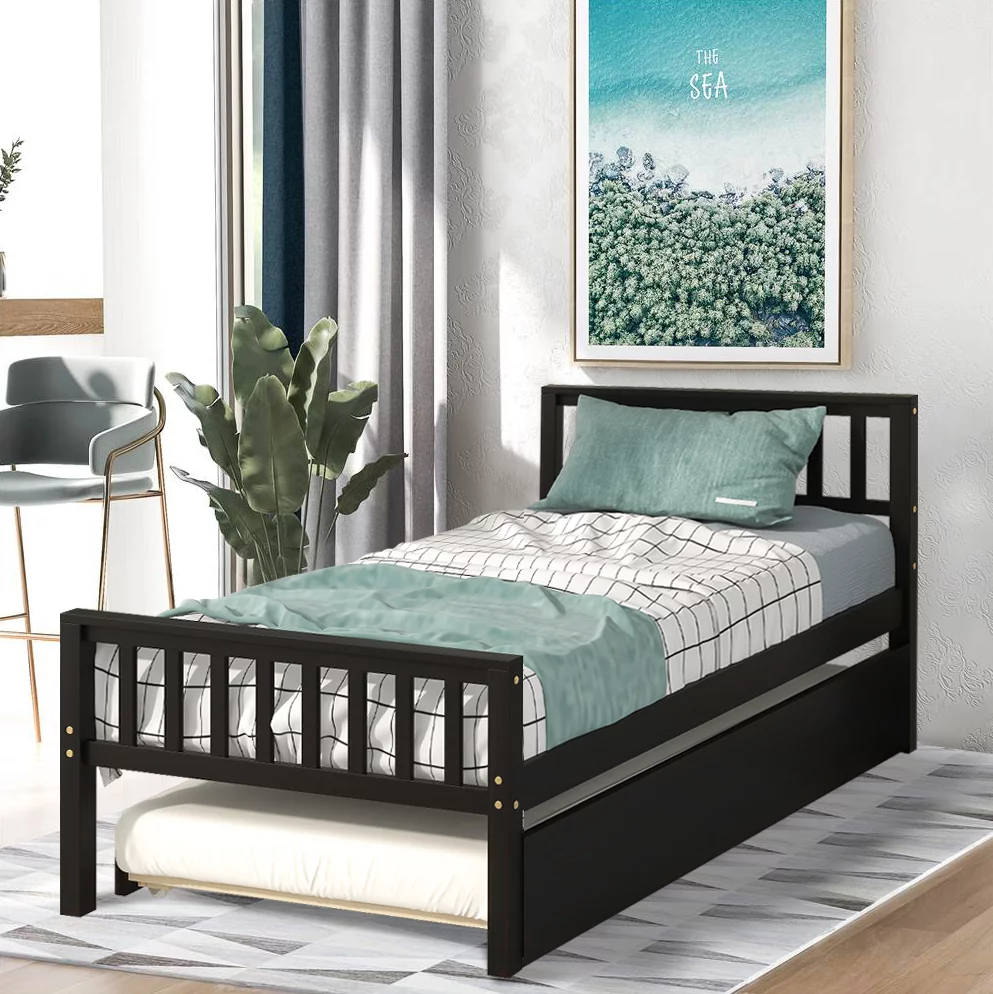 SESSLIFE Wooden Trundle Bed, Twin Platform Bed with Headboard Footboard, For Kids Room/Living Room/Guest Room, Mattress Foundation, No Box Spring Needed, Easy Assembly