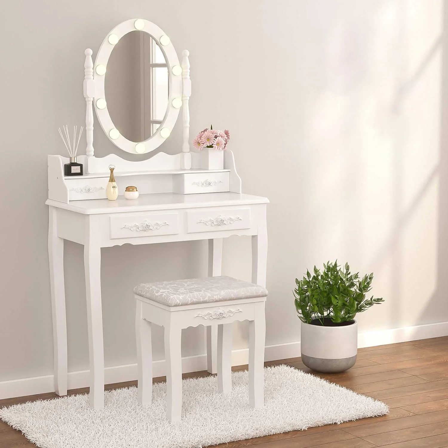 Alohappy Girls Makeup Vanity Set, Dressing Table Desk with Lighted Mirror and Stool, Makeup Table with 4 Drawers for Bedroom, Bathroom, White (Vanity with Lighted Mirror)