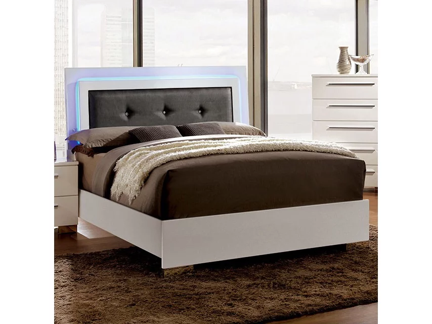 Eastern King Size Bed Glossy white Lacquer Finish Chrome Legs 1pc Set Bedroom Furniture Solid wood Tufted HB