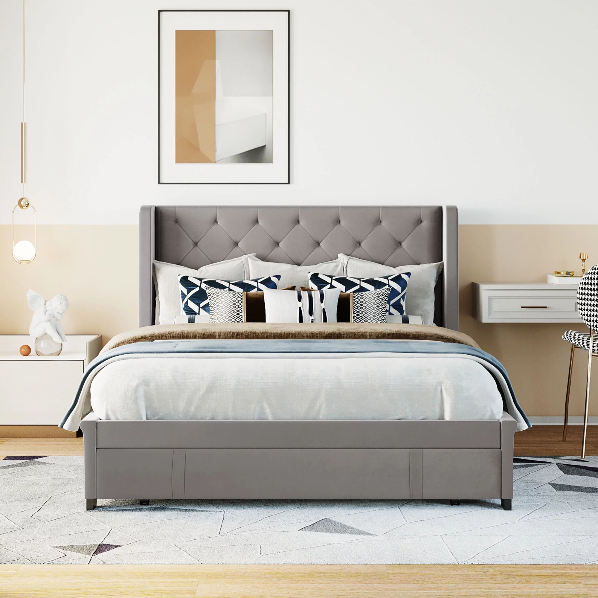 Dcenta GREY Queen Size Storage Bed Upholstered Platform Bed with Wingback Headboard and a Big Drawer